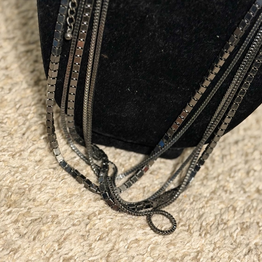 Chico’s Gunmetal Multi-Chain Statement Necklace Layered Fringe Tassel - Picture 5 of 8